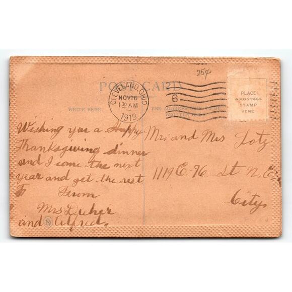 Vintage Thick Airbrushed Embossed Thanksgiving Postcard with Turkey & Corn 1919 - Picture 2 of 2
